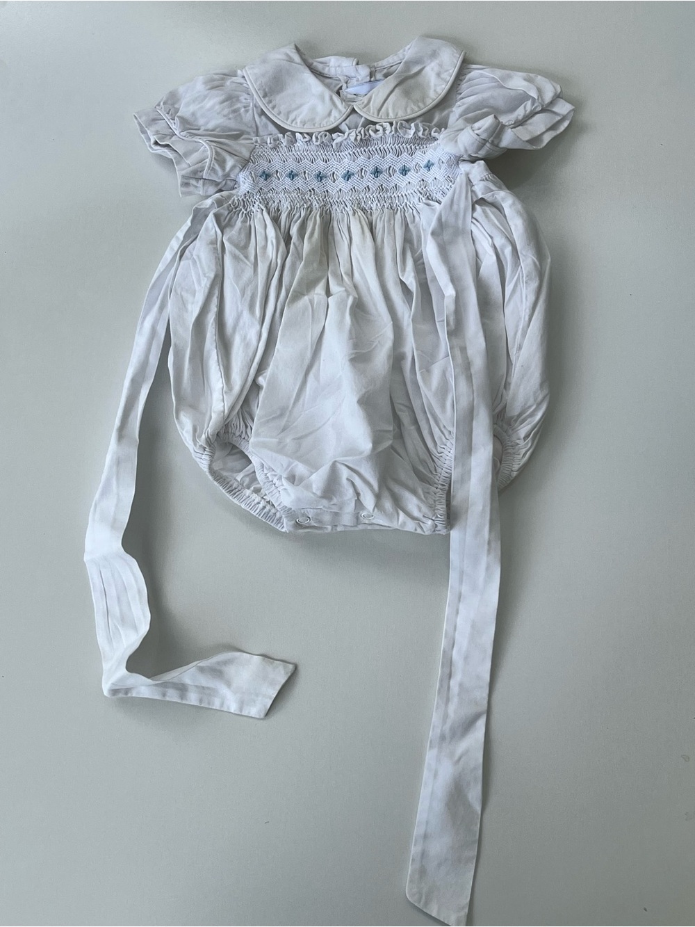 bella bliss White Smocked Bubble Romper with Blue Detail